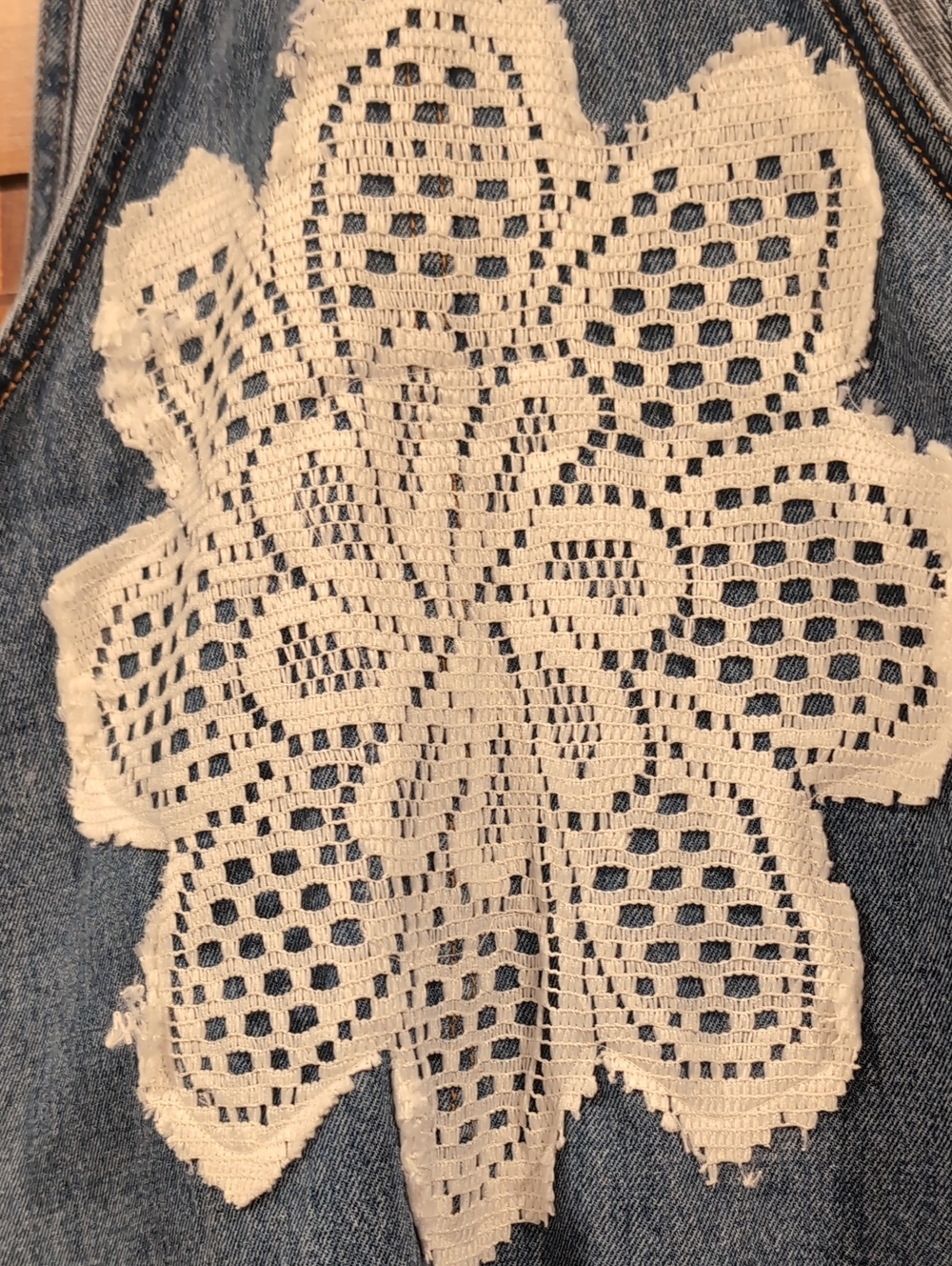 Denim Crochet Fringe Overall Dress - Blue & Cream - Picture 6 of 8